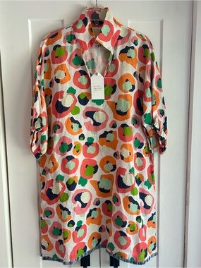 Emily McCarthy Poppy Dress with Fringe Multi Spot Cheetah Pockets NWT Linen L